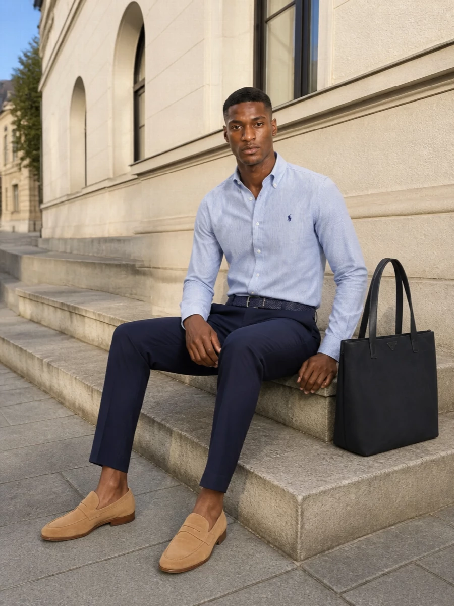 Navy chinos ground the outfit with clean, straight lines, while the pale blue pinstriped shirt lightens the palette and keeps things smart yet relaxed. Sand suede loafers soften all the blue and give a quietly refined finish, balanced by a structured navy tote and a braided belt that echo the same polished, preppy mood. Ideal for warm days when you move between desk, café and dinner without changing a thing.