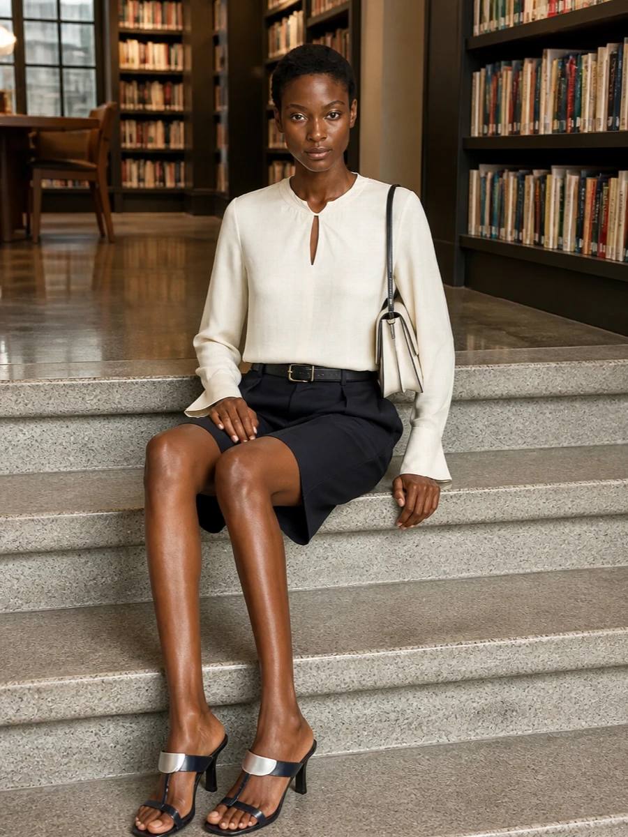 Victoria beckham navy tailored shorts outfit heels