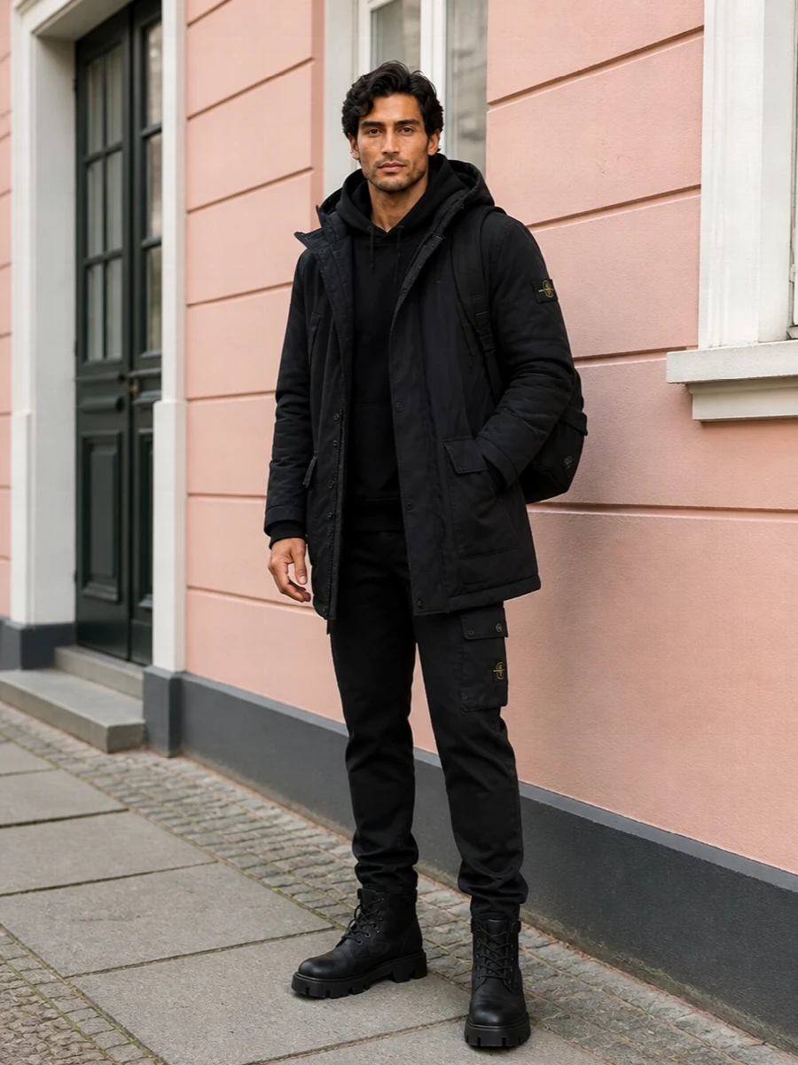 Stone island parka cargo pants moncler boots