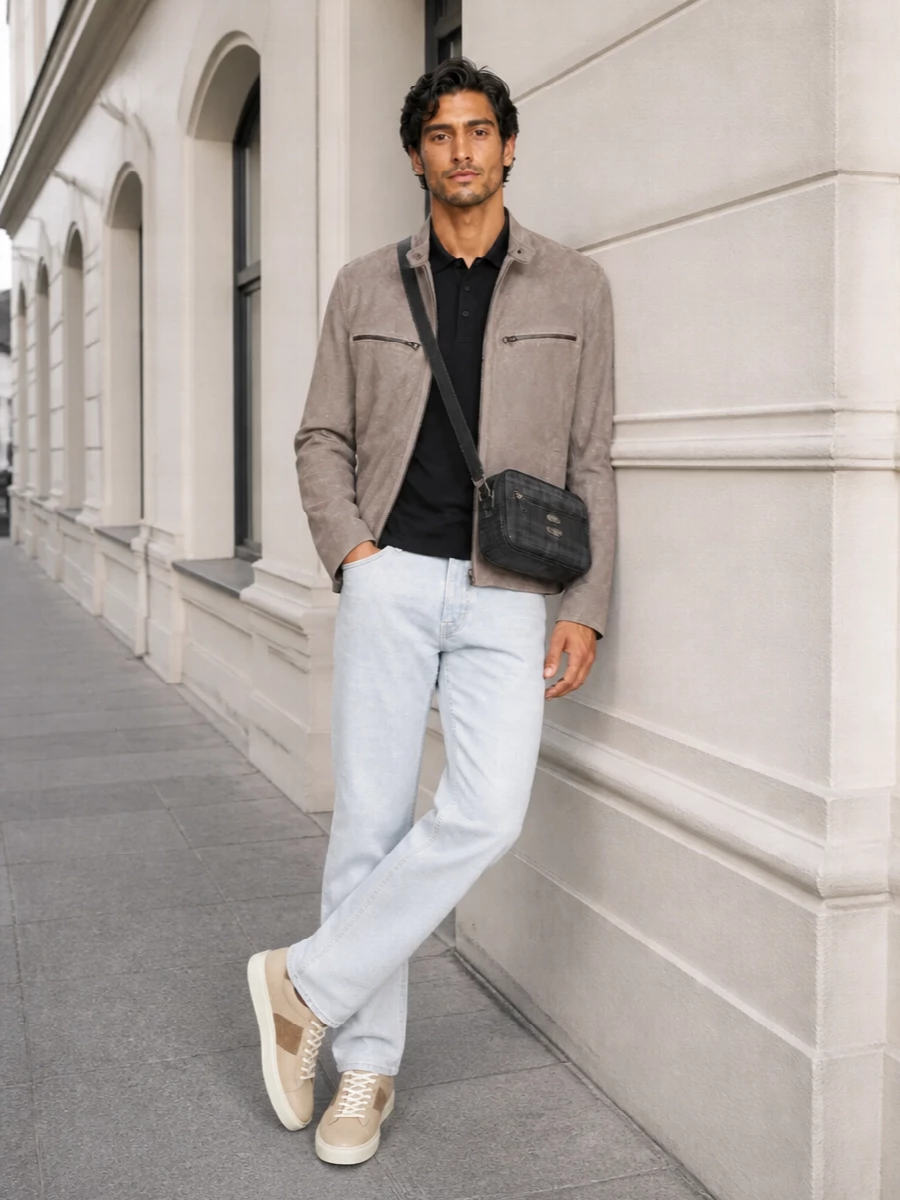 Belstaff taupe leather jacket stone island jeans