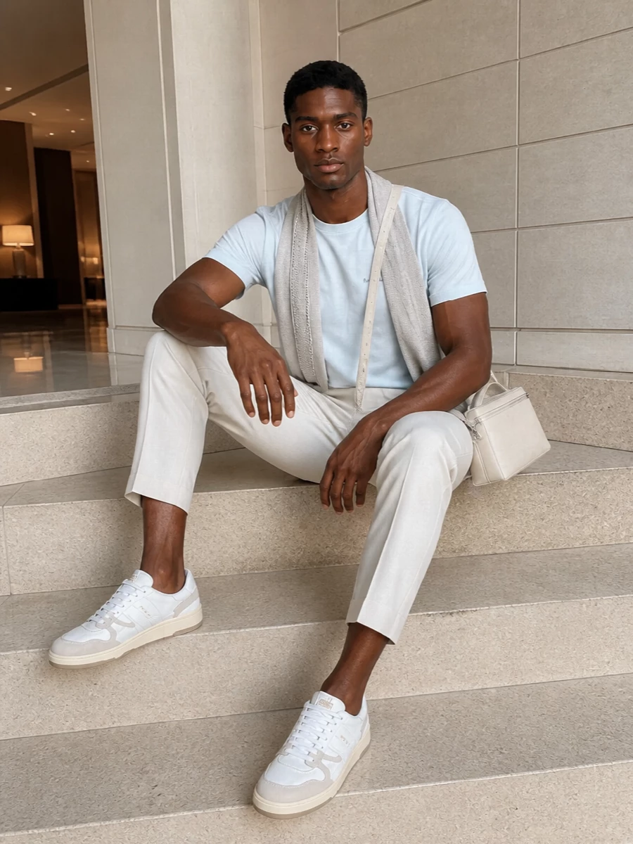 A pale blue tee sits over cropped ivory tailoring for a light, quietly precise summer uniform. Soft white and beige sneakers keep the mood relaxed but intentional, while the cream crossbody and greige scarf add just enough structure and texture without disturbing the calm palette. It is an easy, modern way to wear colour that still feels pared back and considered.