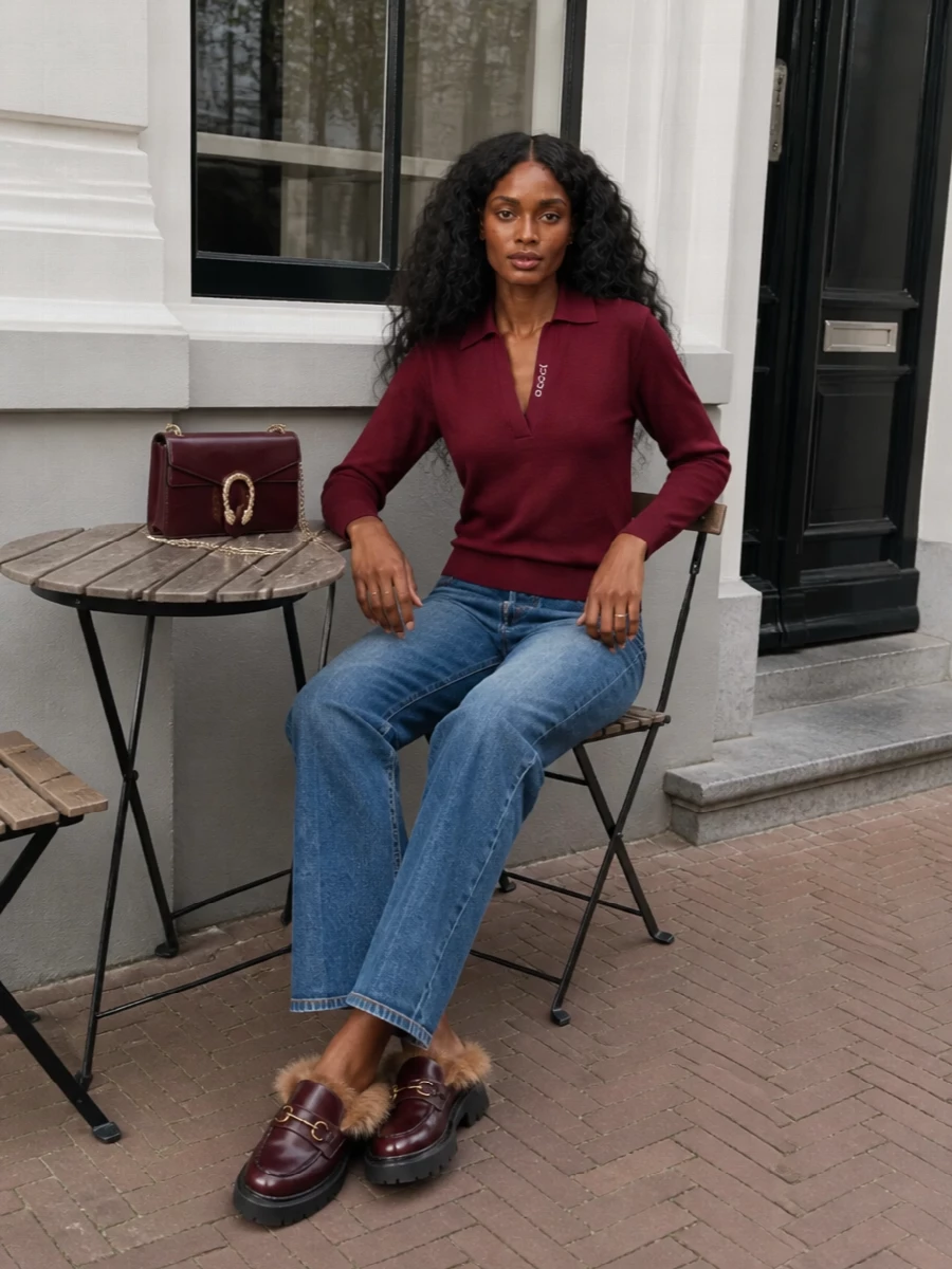 Gucci burgundy loafers collared sweater jeans