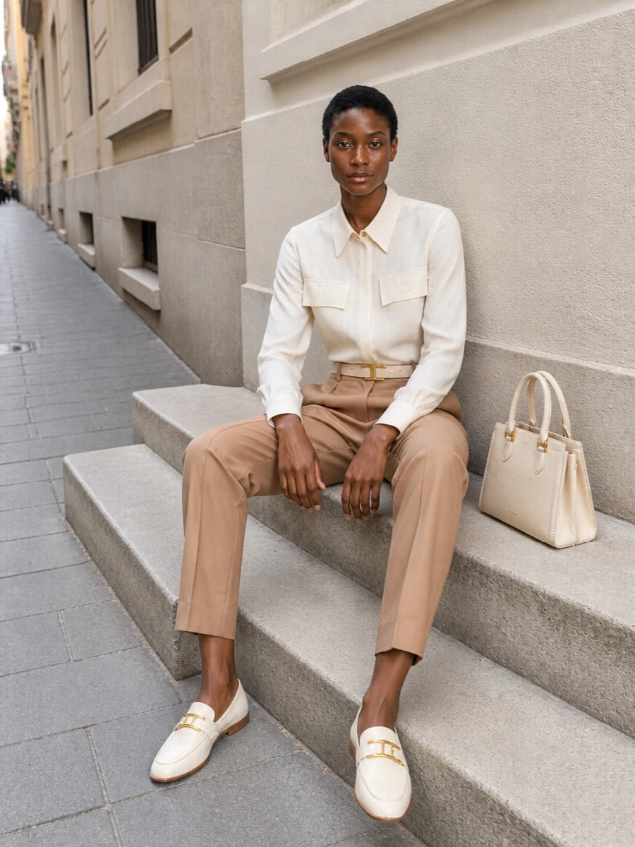 Elisabetta franchi ivory shirt camel trousers