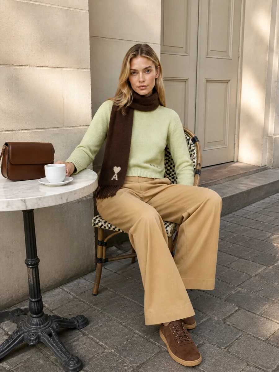 Apc cropped sweater camel wide leg trousers