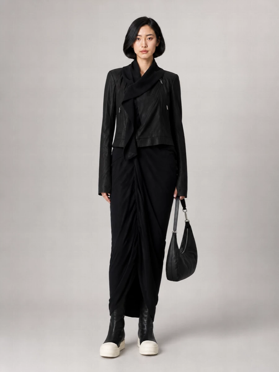 Rick Owens Leather Asymmetric Zip Fitted Jacket