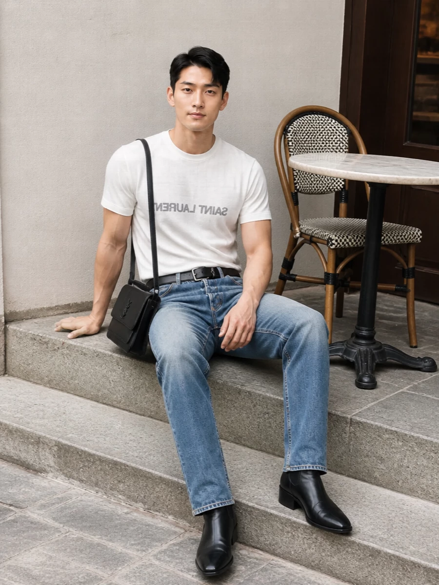 Saint laurent jeans white tee black boots