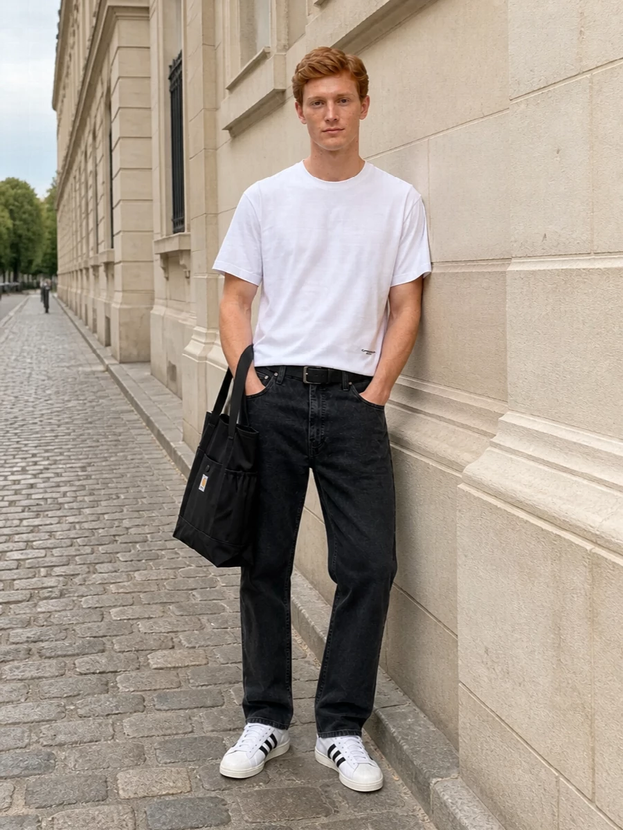 Carhartt white tee black jeans adidas sneakers