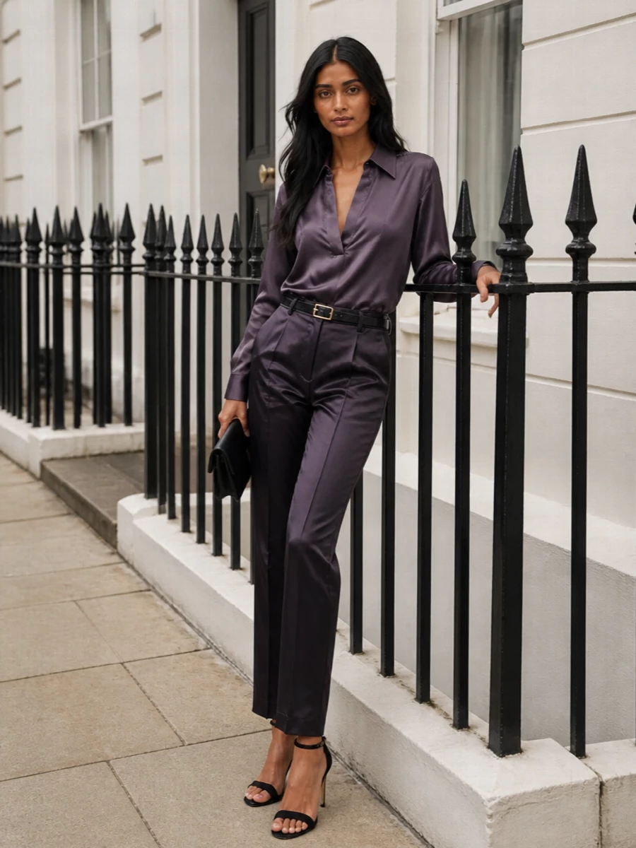 Liquid satin on top meets a matching inky, tailored leg for a low-key tux mood in deep mauve and charcoal. The long, straight proportions keep everything sleek and leggy, while black and gold accessories sharpen the line and underline the quiet, after-dark power of the shirt. It is a polished evening combination that moves easily from serious dinner to late bar without ever looking over-styled.