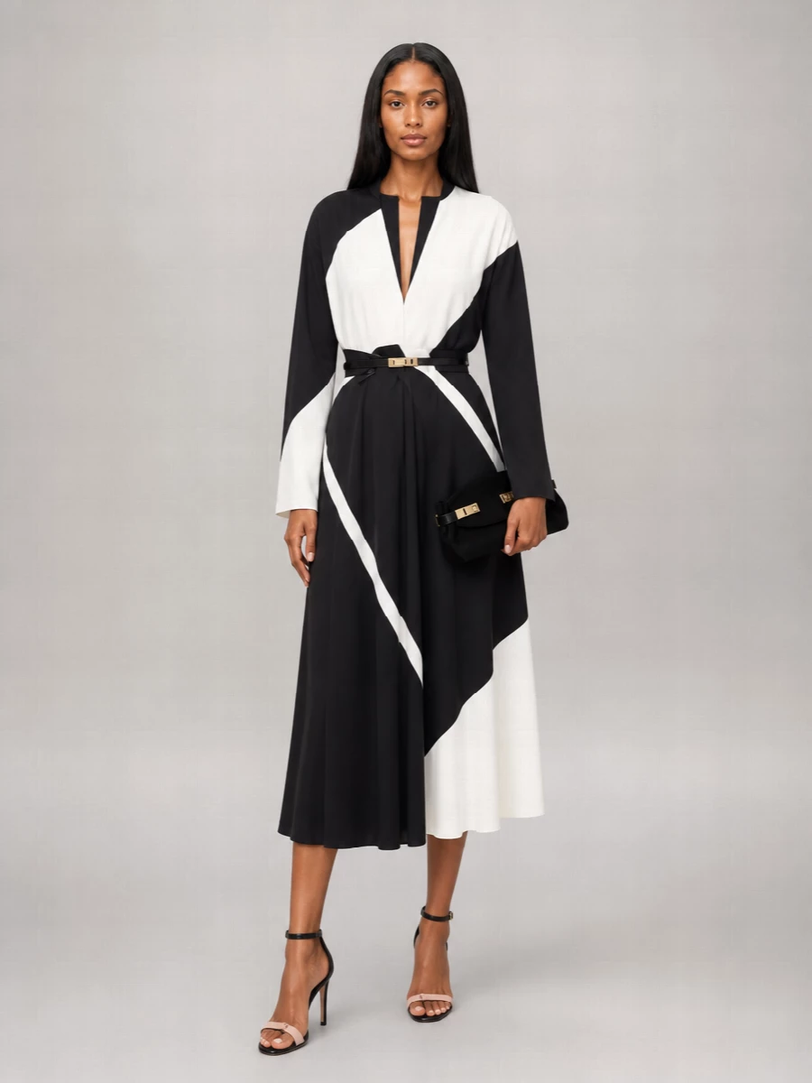 Alberta Ferretti Printed V-Neck Long-Sleeve Midi Dress