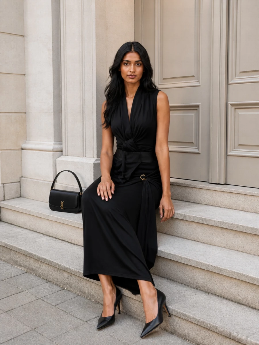 A pure black column of Gaultier draping is cinched at the waist for a sculpted, almost corseted line, then finished with a razor-clean stiletto for height. A small Saint Laurent baguette keeps the focus on cut and proportion, not branding. The effect is nocturnal and precise, ideal for intimate dinners or art-world evenings where you want drama without volume.