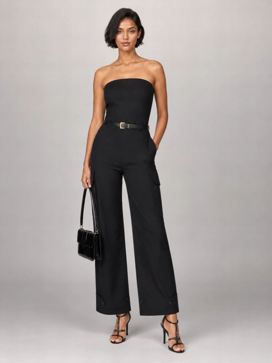 Saint Laurent Cotton Belted Wide-Leg Bustier Jumpsuit