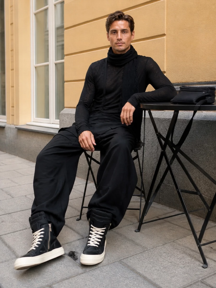 Rick owens wide leg cargo outfit high top sneakers