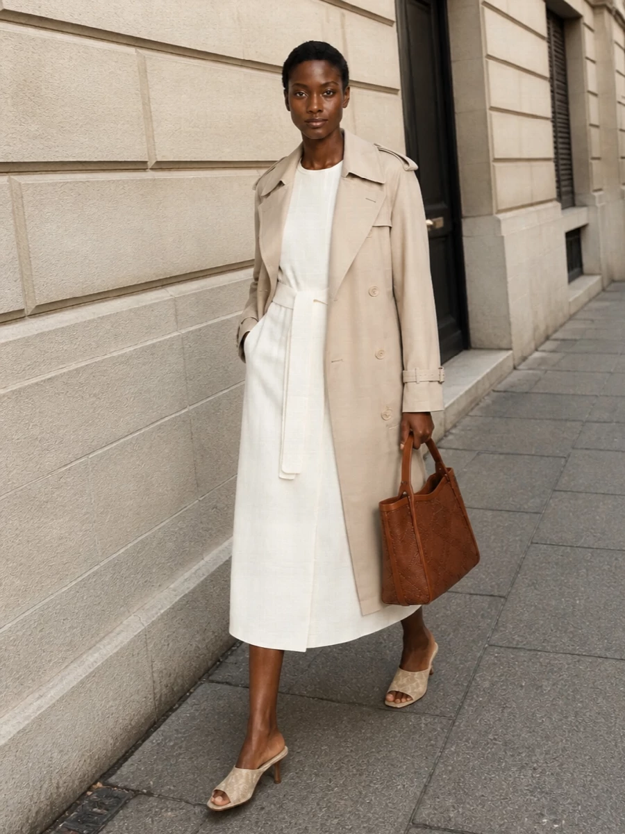 This look layers the warm-beige Max Mara trench over a softly structured sleeveless ivory midi dress for a streamlined, waist-defined silhouette that feels impeccably quiet-luxury. Beige woven mules refine the line without competing with the coat, while the cognac textured bucket bag adds depth and subtle interest within the same warm, tailored neutral story. Opting for the dress route rather than suiting keeps the outfit airy and feminine, ideal for spring-summer city days that transition smoothly into dinner.