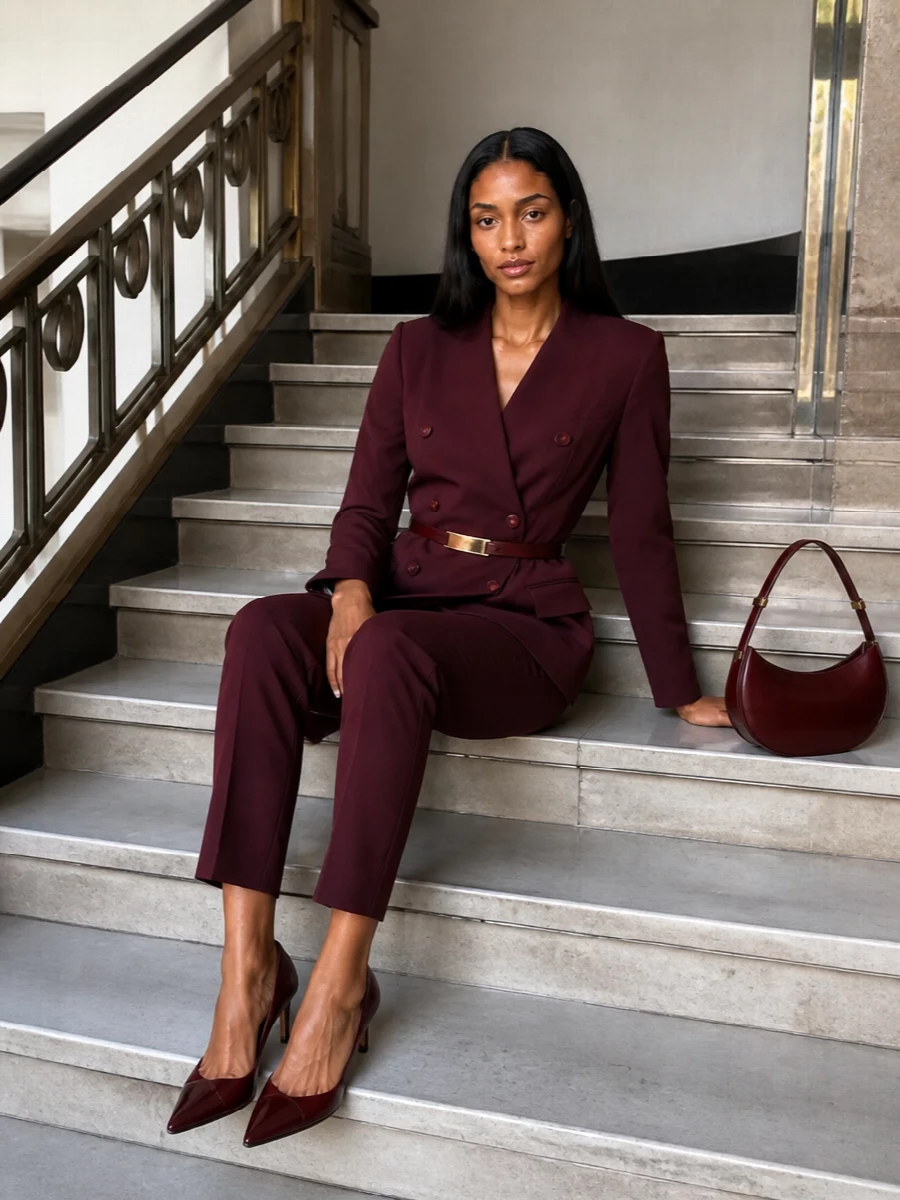 Le sully burgundy blazer tailored trousers outfit