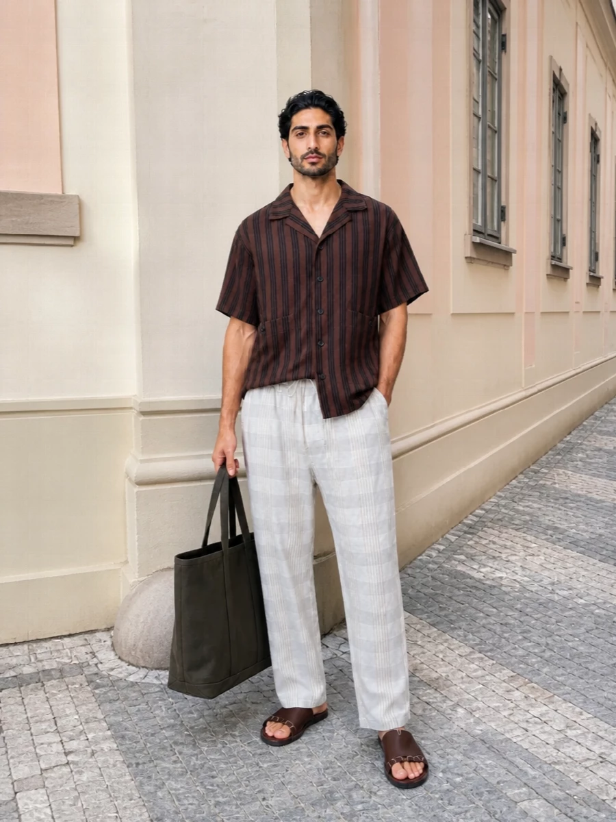 Uma wang camp shirt ivory checked trousers