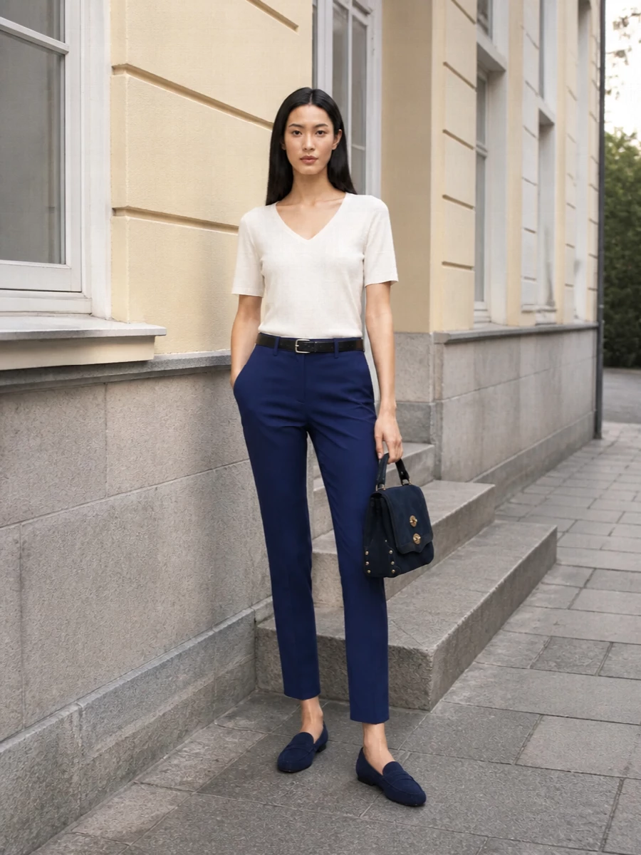 Ink blue tailoring meets soft ivory for a crisp, minimalist city uniform. The slim ankle trouser, clean V-neck and matching navy accessories keep the palette tight and quietly polished. Loafers and a structured top-handle hold the mood at refined smart-casual for office days and easy evenings out.