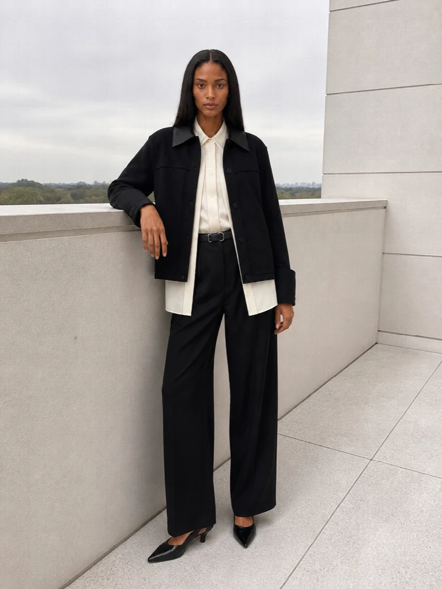 Jil sander black jacket ivory shirt wide leg pants
