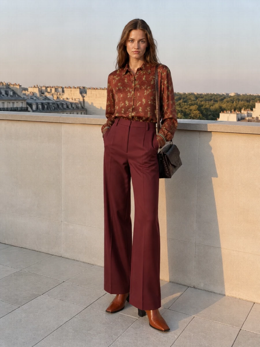 Romantic Dries florals meet precise tailoring here, with the rust satin shirt softening into those deep burgundy wide-leg trousers. The sculpted rust ankle boots echo the warmth while sharpening the long line, and a glossy espresso shoulder bag anchors everything with discreet structure. It is an artfully polished autumn ensemble that feels considered without ever looking overworked.