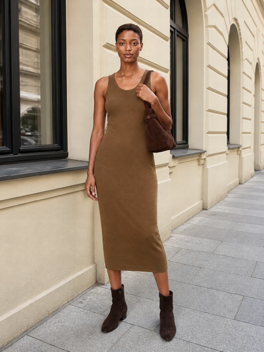 Max Mara camel knit dress with chocolate suede bag