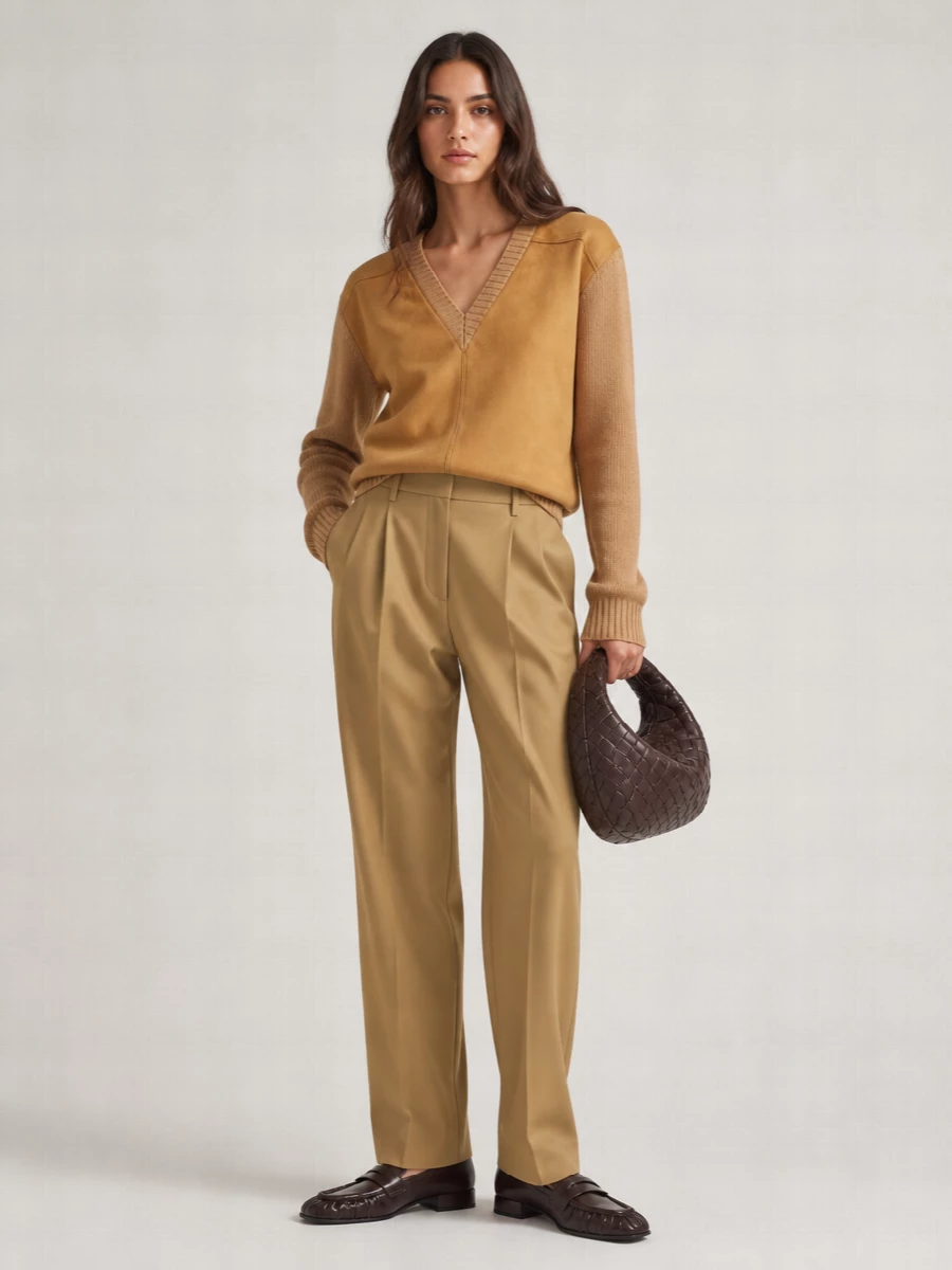 Prada Cashmere Wool Relaxed-Fit Suede-Panel V-Neck Jumper
