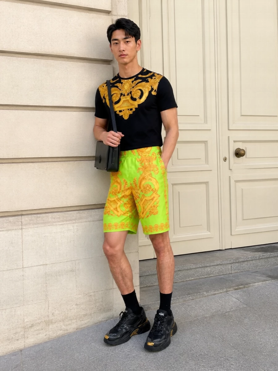 Versace neon baroque shorts black gold shirt sneakers
