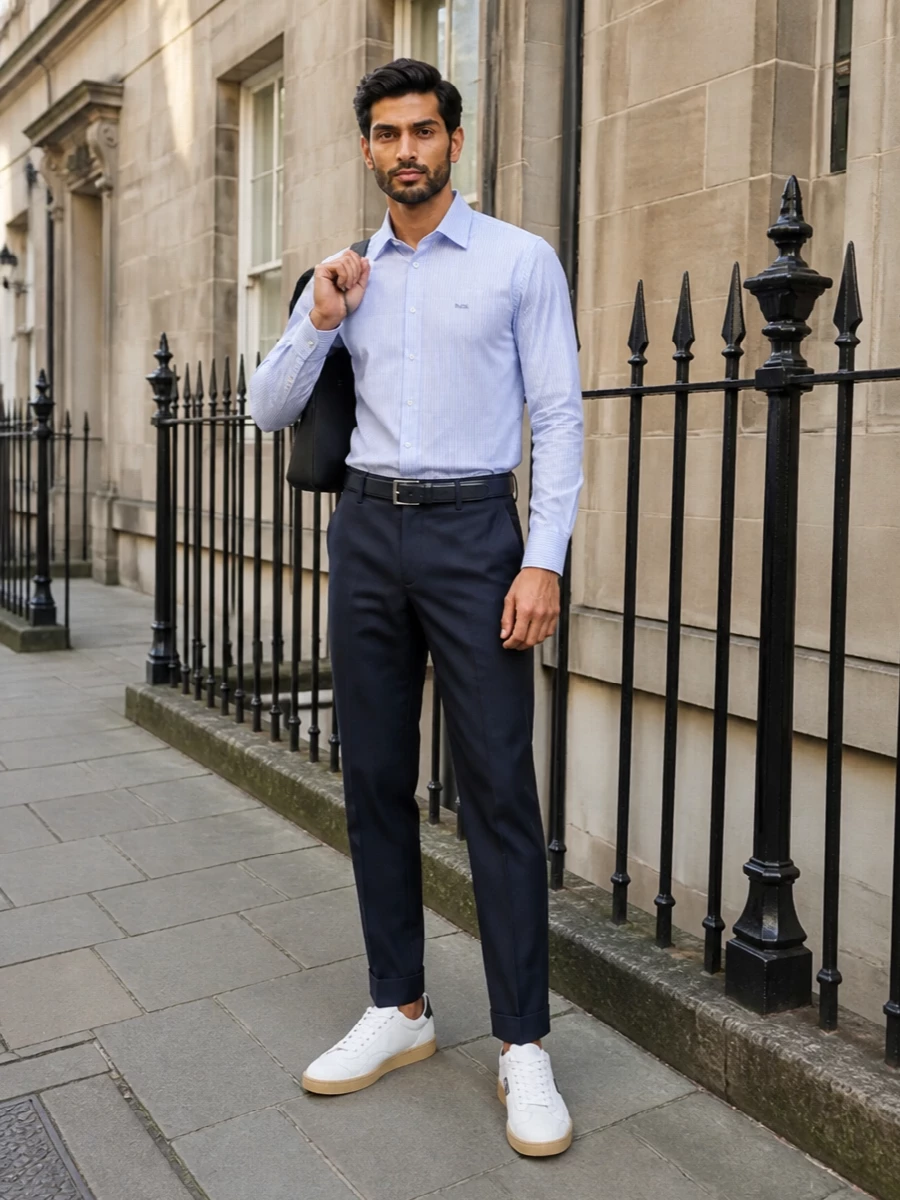 Prada striped shirt navy trousers sneakers