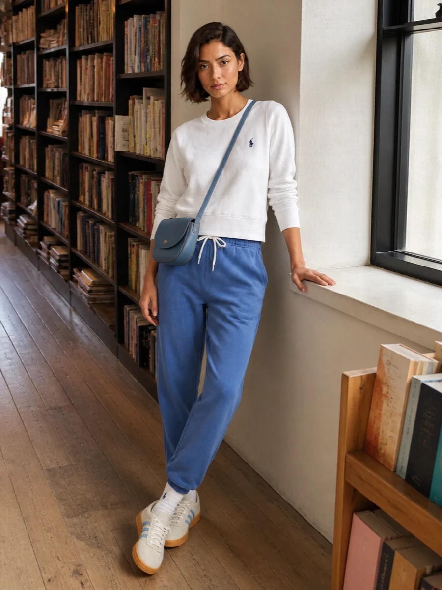 Washed blue joggers, a crisp white sweatshirt and cream sneakers with sky-blue accents create a soft, collegiate palette that feels relaxed but still considered. The sky-blue crossbody quietly echoes the base tone, while white-and-navy socks finish the set with a subtle nod to heritage sport. It is an easy off-duty mix designed for travel days, campus errands or weekend city walks.