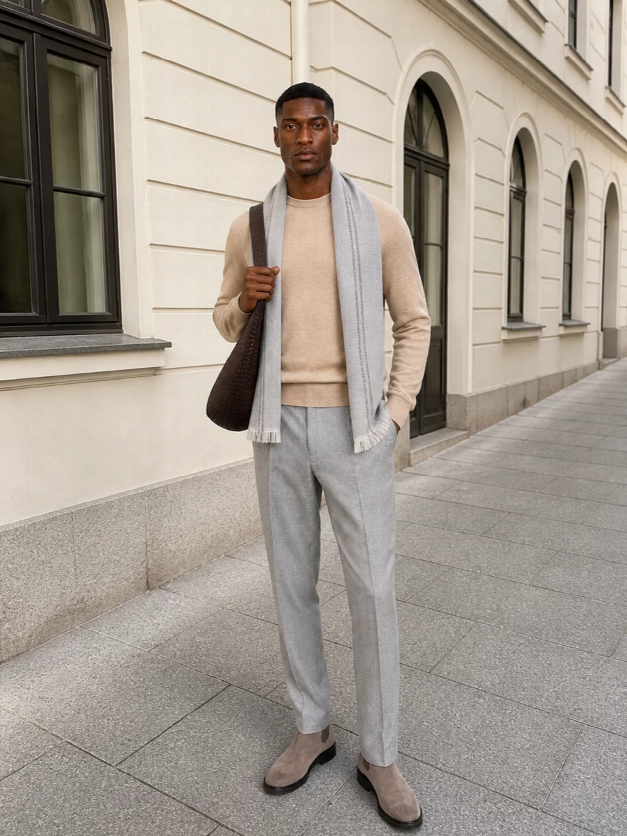 Brunello cucinelli camel sweater grey trousers