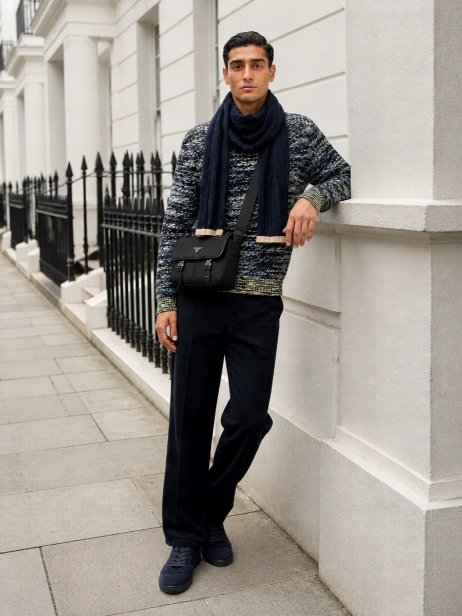 Missoni sweater prada navy corduroy trousers outfit