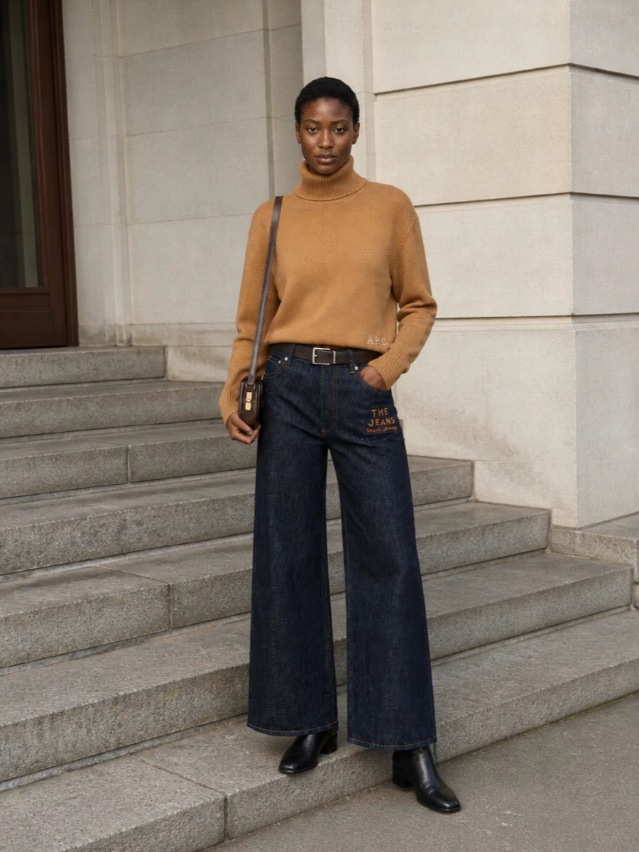 Apc wide leg jeans camel turtleneck outfit