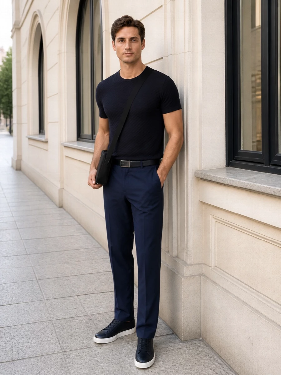 Deep navy anchors this outfit, with the textured tee and straight-leg trousers creating a clean, almost monochrome column. Navy sneakers keep the line relaxed but precise, while a structured black crossbody and slim belt add just enough definition. The result is a polished, modern uniform that moves easily from daytime city errands to low-key dinners.