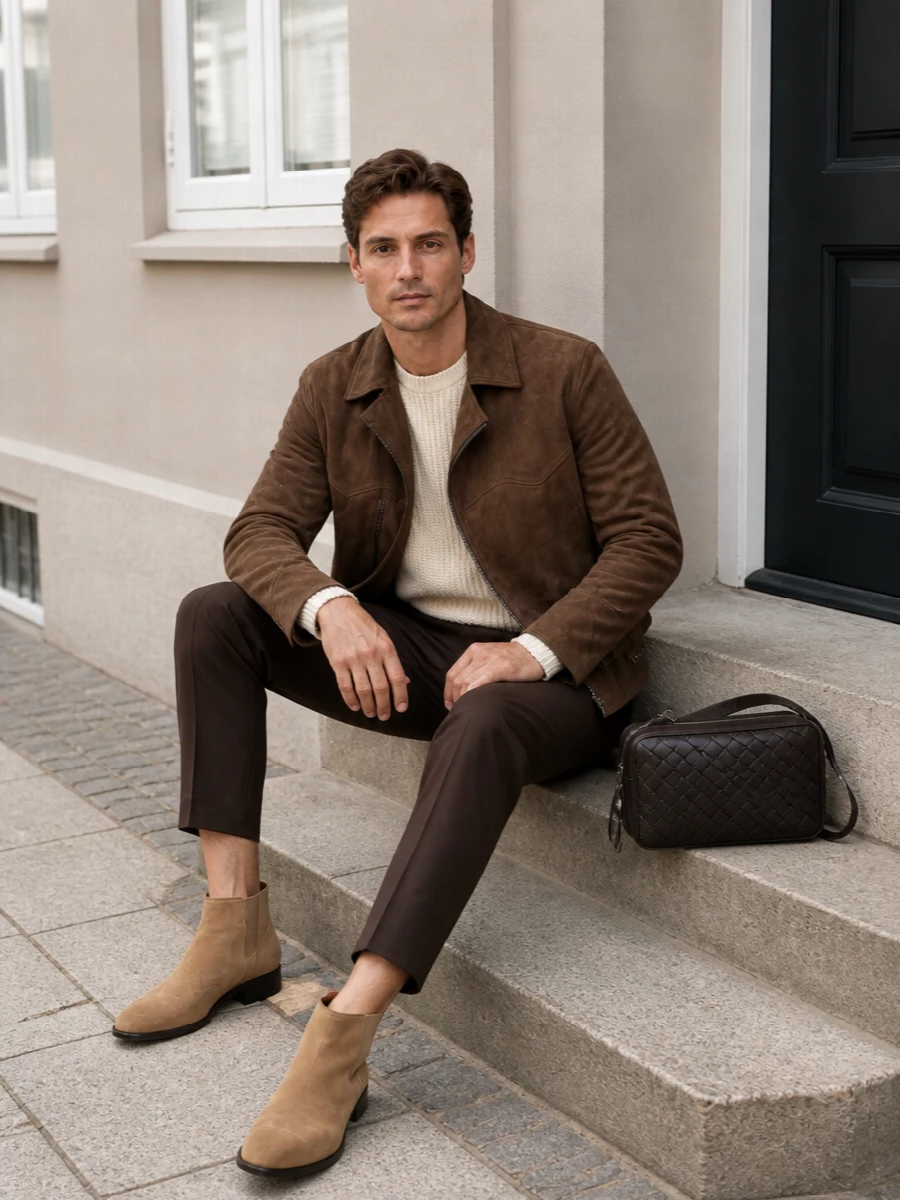 Maison margiela suede jacket brown trousers outfit