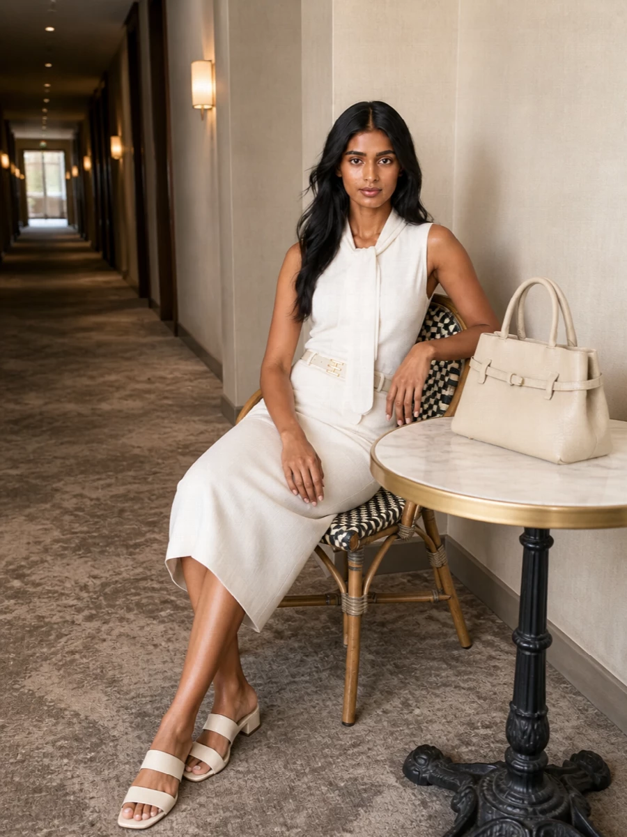 A tonal ivory story that reads clean and composed, this pairing lets the pencil skirt and sculpted sleeveless top create a single, elongated column. Cream mules keep the line light and modern, while a structured ivory top-handle and matching belt introduce quiet definition and a hint of gold for grown-up polish. It is an easy go-to for days that drift from focused meetings into low-key dinners without a change of outfit.