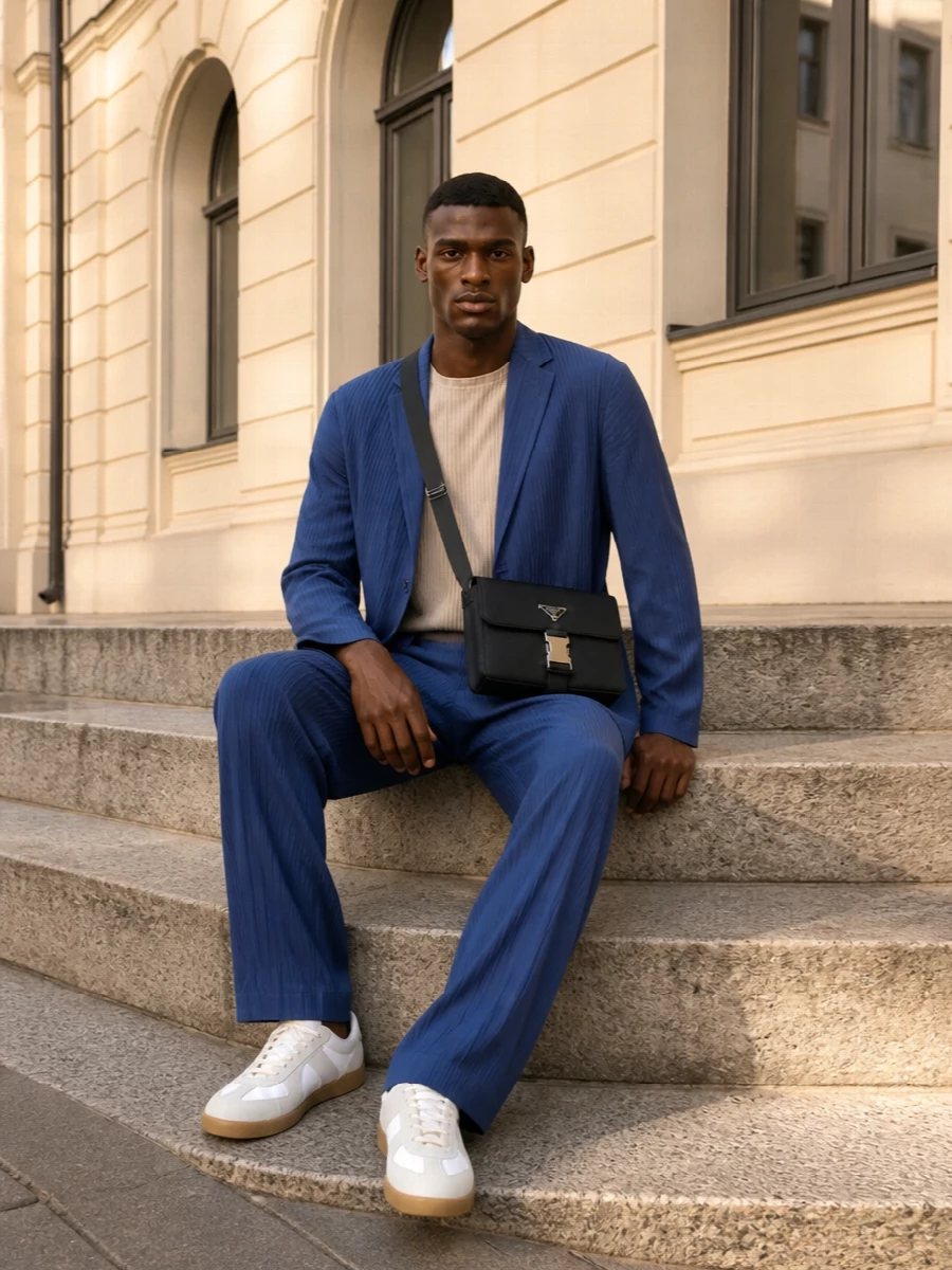 Slate-blue pleats frame a soft sand core, creating a quietly graphic column that feels precise yet relaxed. Matching wide-leg tailoring keeps the line long, with off-white Margiela sneakers and a structured Prada crossbody grounding the ease in city-ready polish. It is a calm, architectural uniform that moves easily between daylight errands, studio time, and understated dinners.