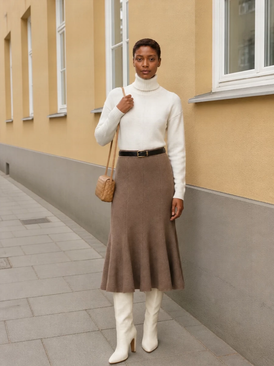 Bottega veneta ivory turtleneck taupe knit skirt