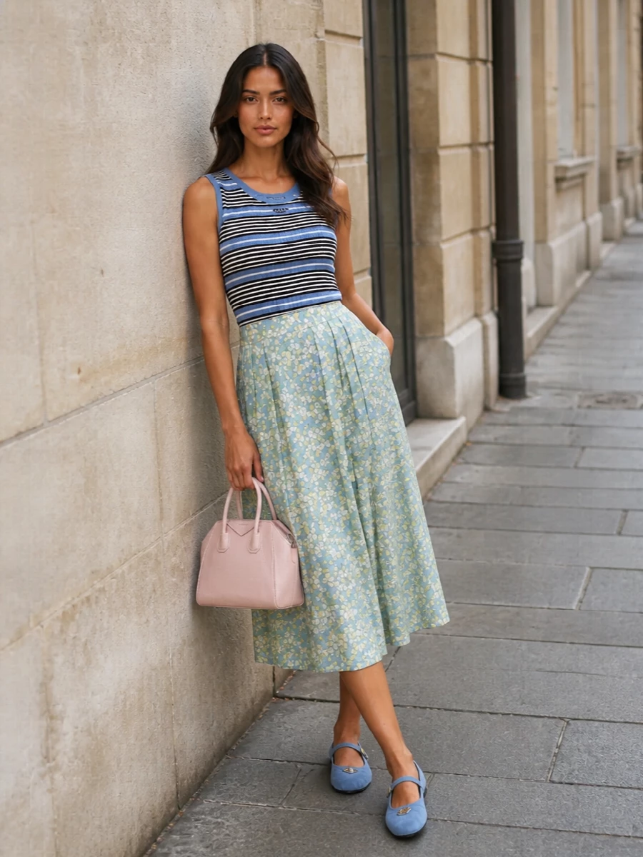 This look pairs the powder-blue floral pleated Prada midi with a slim striped knit tank for a clean, modern take on romantic preppy dressing. Powder-blue Mary Jane ballerinas echo the skirt’s palette, while a structured blush top-handle bag adds a gentle contrast that stays within the pastel, quietly luxurious mood. The result feels light, refined and effortless for spring city days or elevated brunch plans.