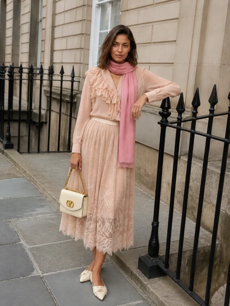 Fabiana filippi lace midi skirt blush blouse outfit