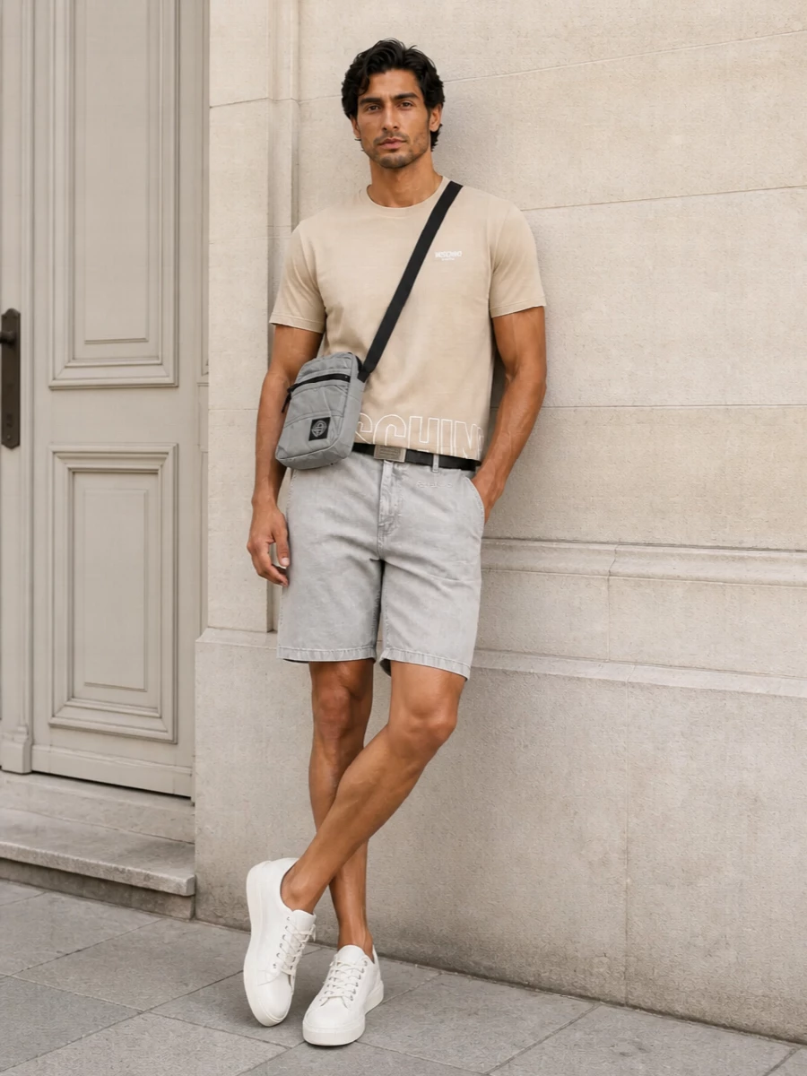 Moschino grey shorts sand tee off white sneakers