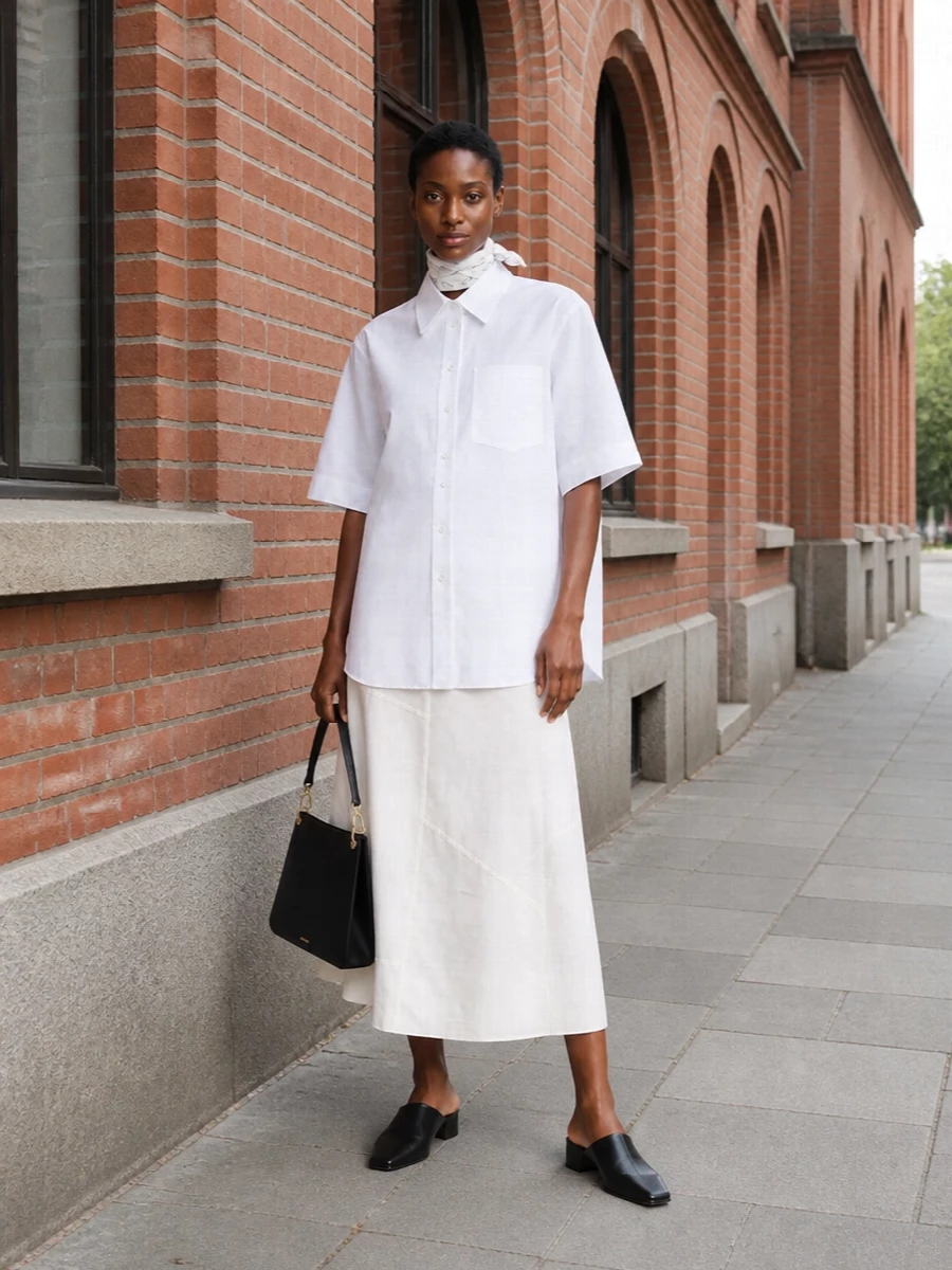 Jil sander white shirt midi skirt outfit