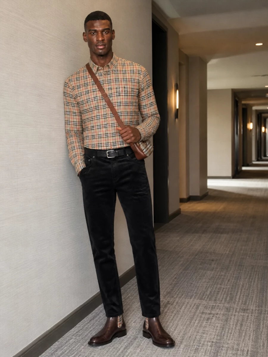 Burberry check shirt black trousers chelsea boots