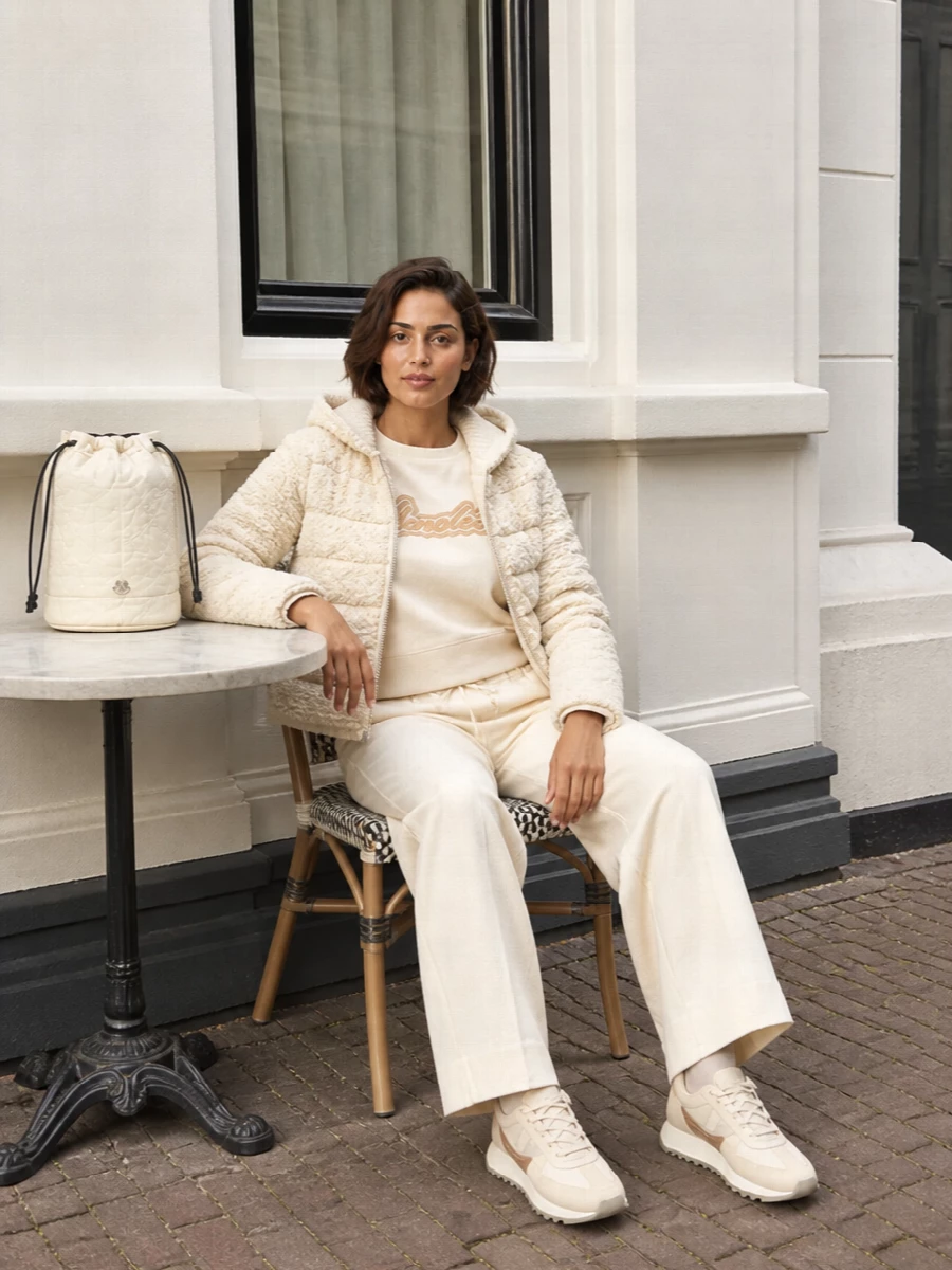 Moncler cream puffer wide leg pants outfit