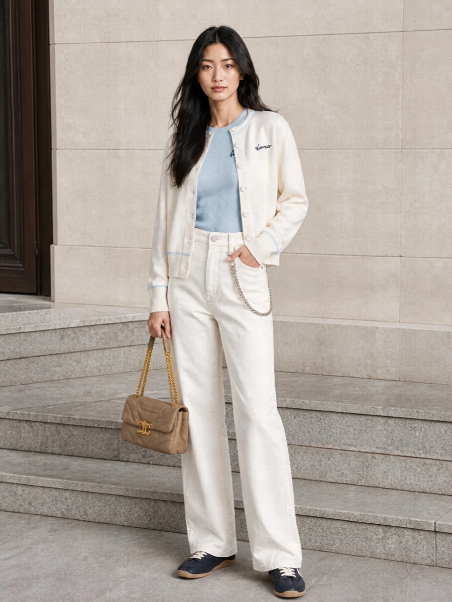 Kenzo ivory bomber powder blue knit wide jeans