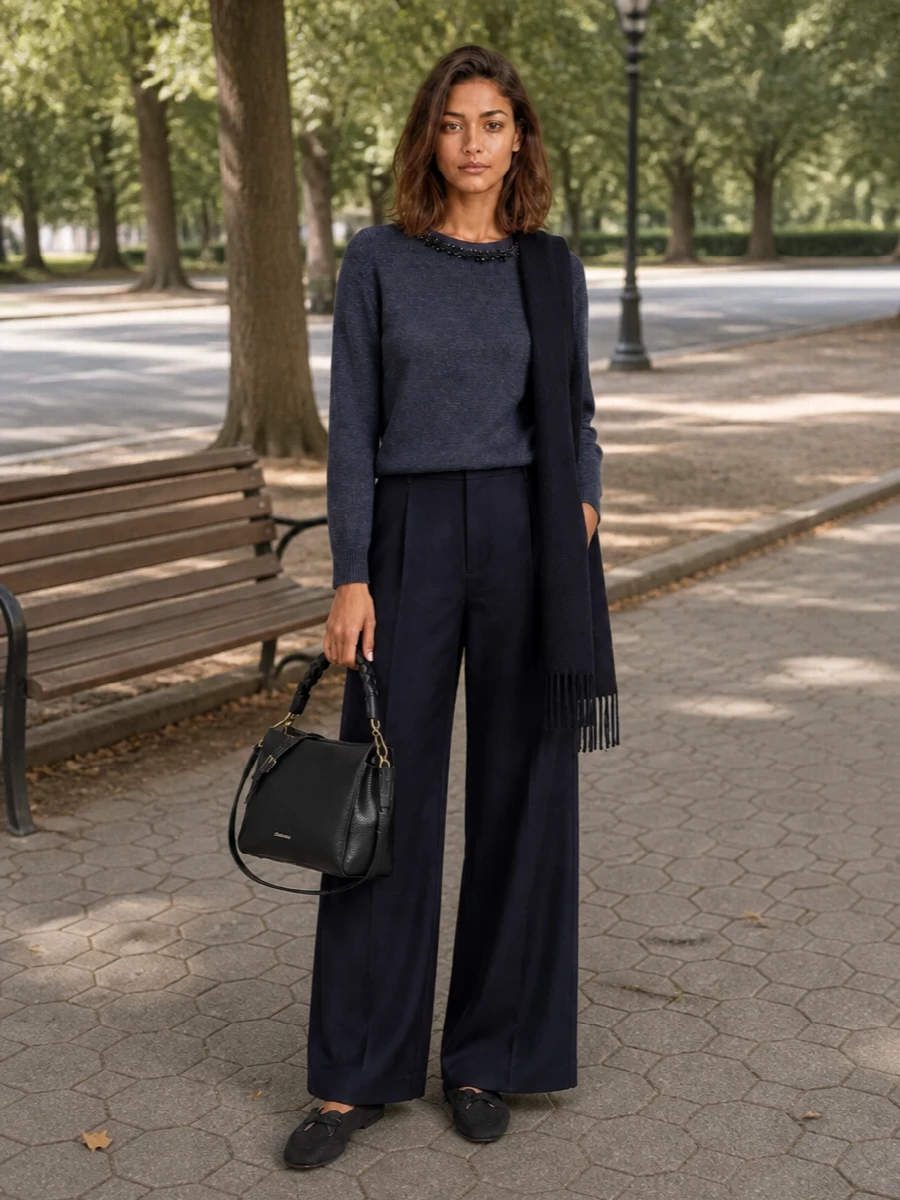 Semicouture navy sweater wide leg trousers outfit