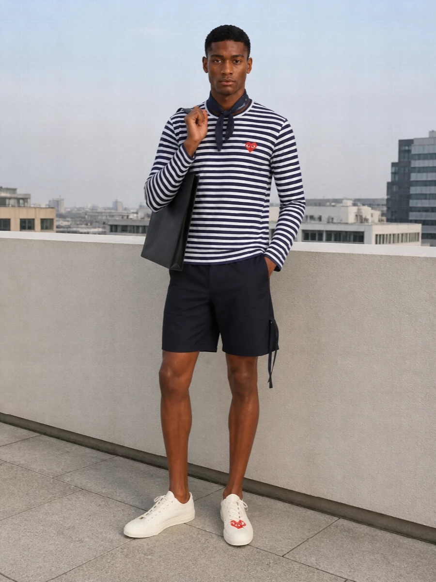 A clean navy and white story lets the Play heart do the talking, with tailored utility shorts keeping the stripey tee firmly in modern city territory. Off‑white low‑tops and a structured black tote sharpen the silhouette just enough, so it moves easily from gallery afternoons to low‑key dinners. The inky neck scarf is a small styling nod that keeps everything feeling considered rather than casual by default.