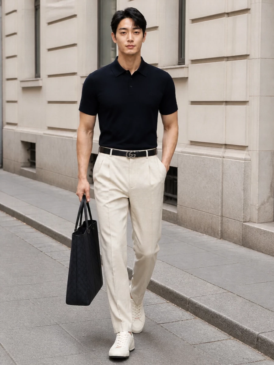 Navy knit polo pleated trousers outfit