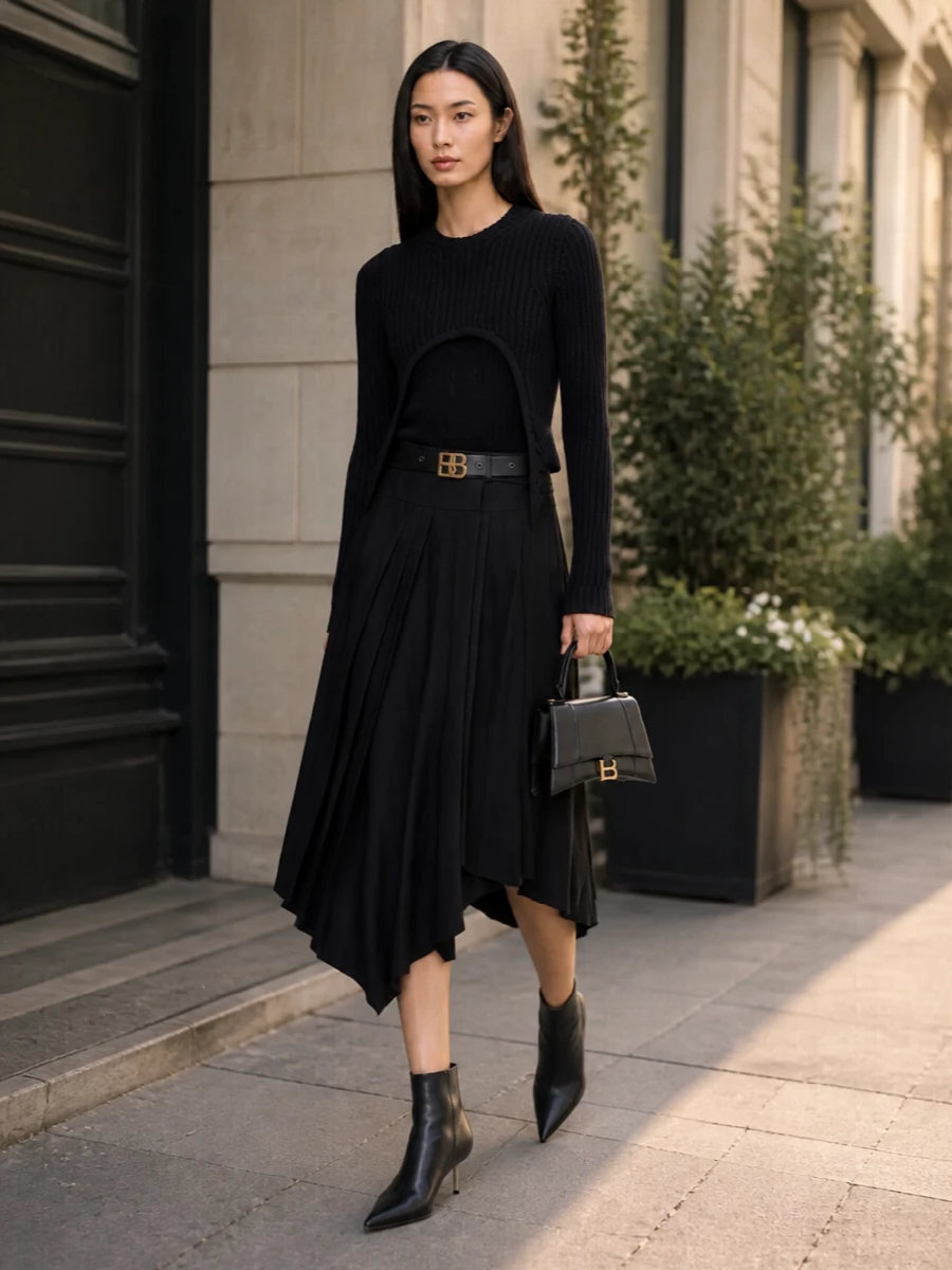 Off white black pleated midi skirt outfit