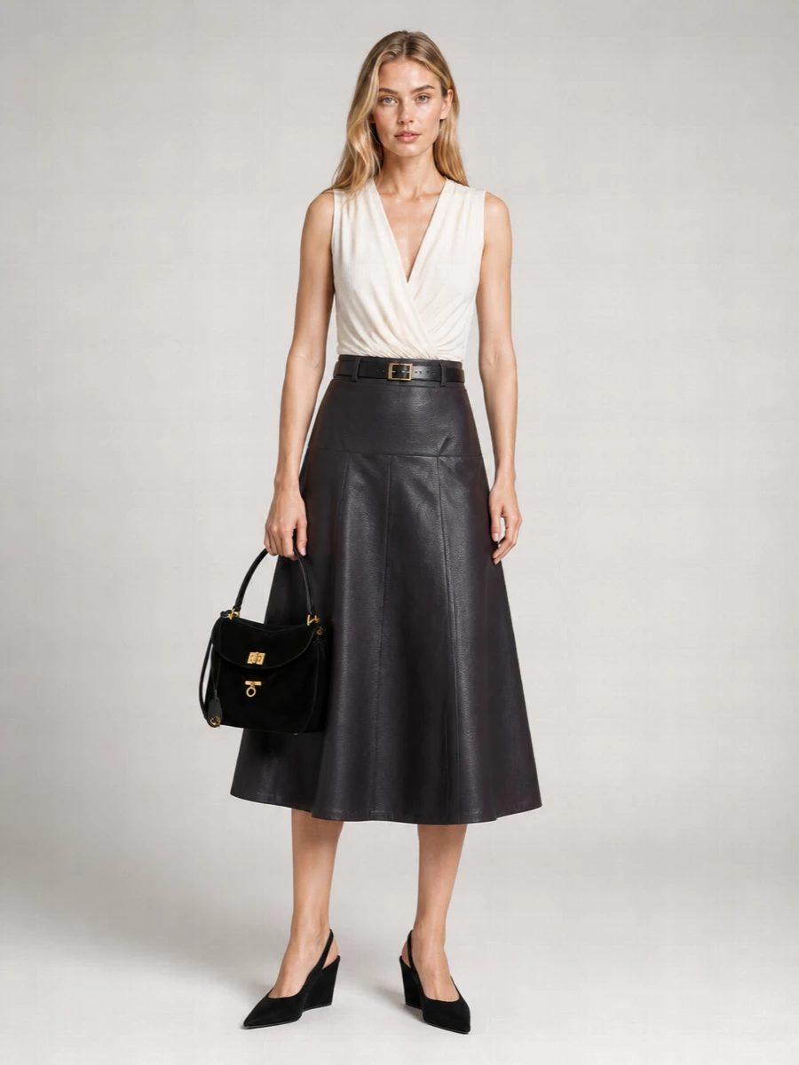 Alaïa Lamb Leather Low-Rise A-Line Slit Midi Skirt