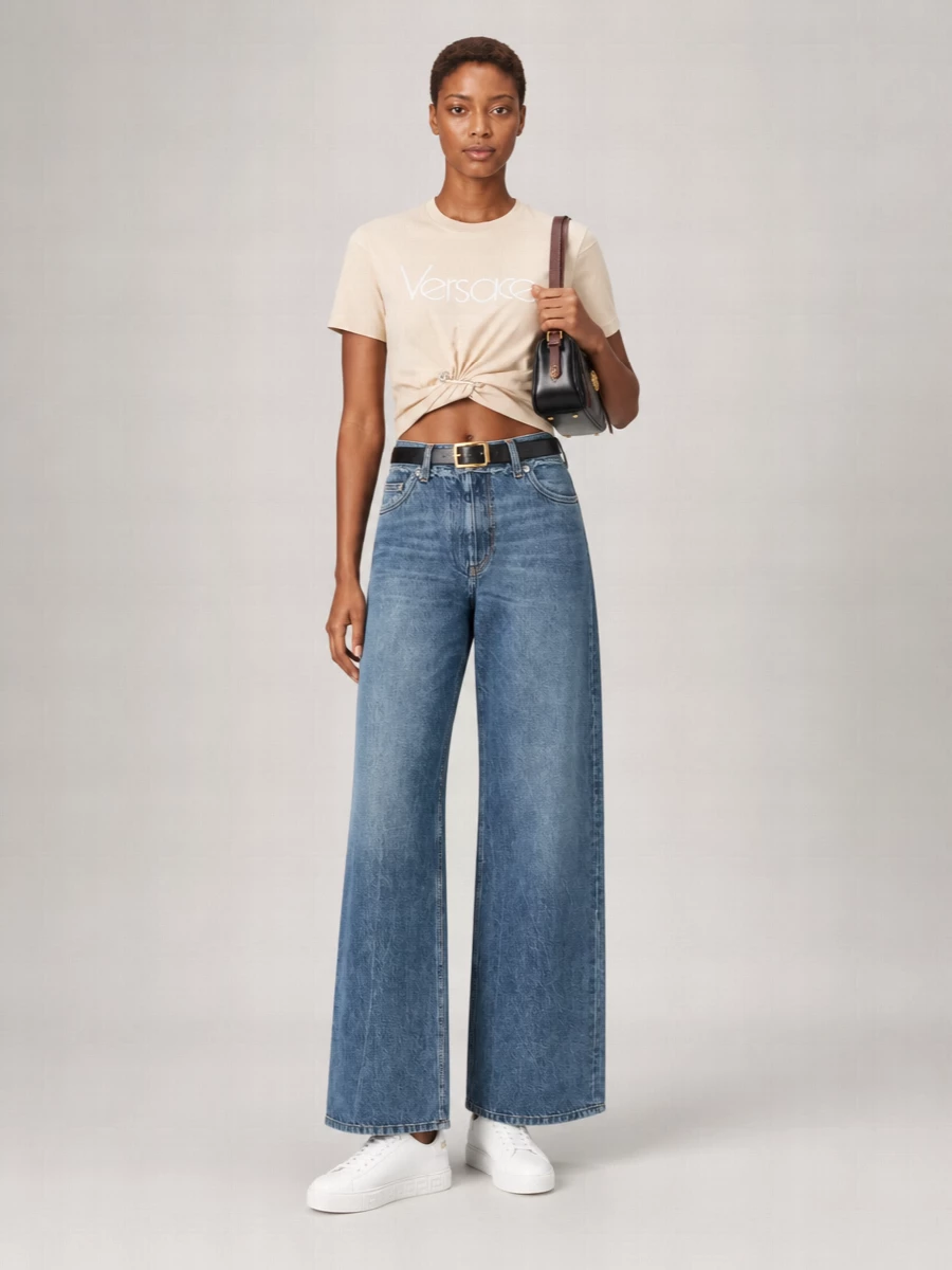 Versace Cotton Logo-Print Twisted Cropped T-Shirt