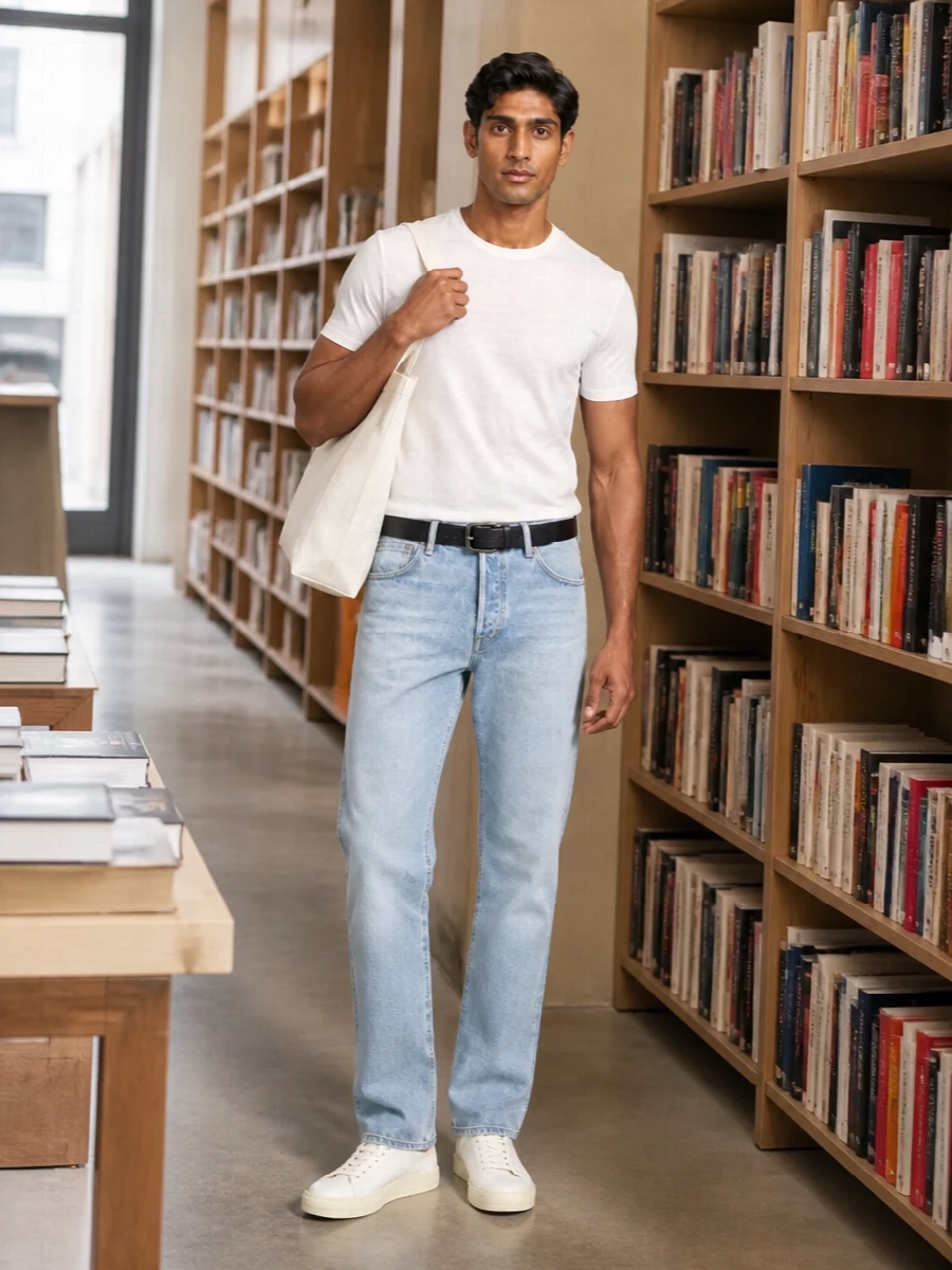 Tom ford white t shirt light wash jeans outfit