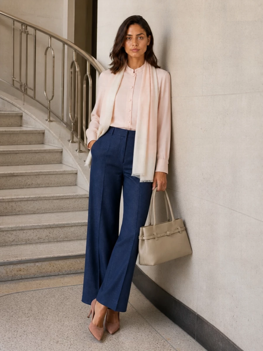 A blush mandarin-collar shirt is grounded by ink-blue wide-leg tailoring for a clean, modern column of color. Blush suede heels and a stone-beige top-handle keep the mood soft yet precise, while a gauzy blush-and-ivory scarf adds just enough texture for quiet interest. The result is polished day-to-evening minimalism that feels serene rather than severe.